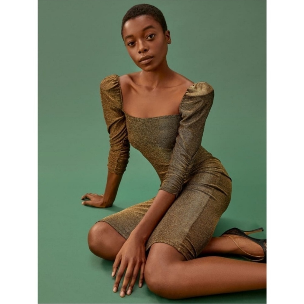 Reformation 'Rahm' Ruched Puff Sleeve Dress in Bronze Sparkle - Picture 2 of 7
